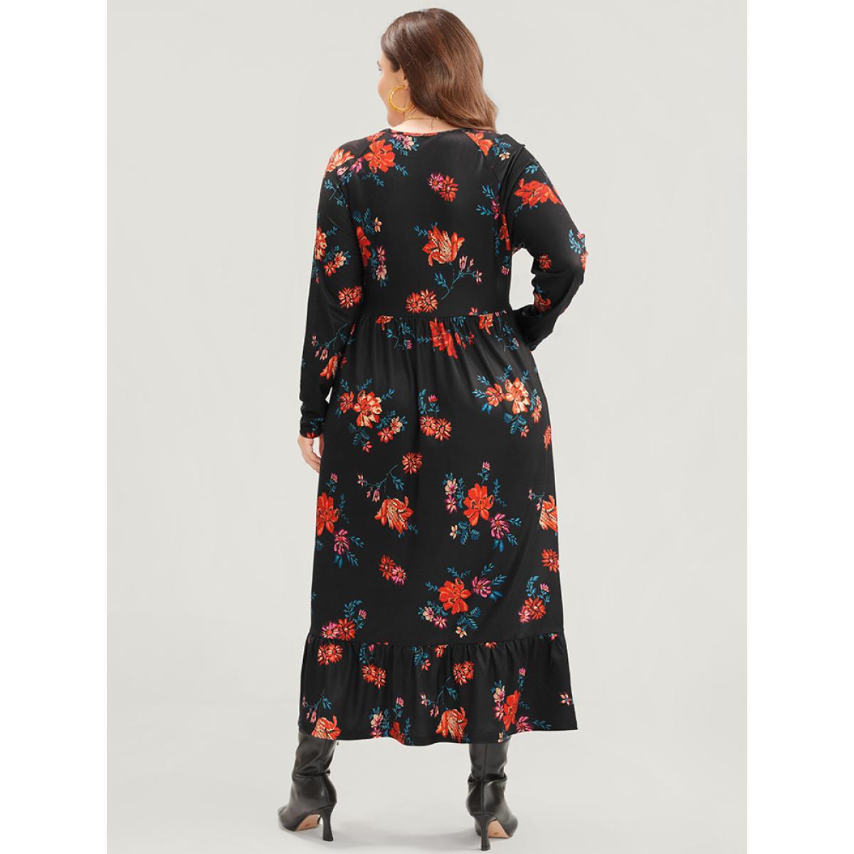 Plus Size Floral Print V Neck Pocket Flutter Hem Dress Without Belt Multicolor Women Elegant Pocket V-neck Long Sleeve Curvy Midi Dress BloomChic 30/6X Product Image