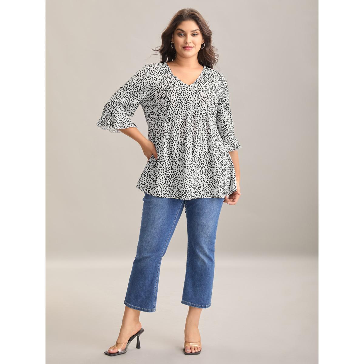 Plus Size WhiteSmoke Leopard Print Ruffled Detail V-Neck Blouse Women Casual Elbow-length sleeve V-neck Everyday Blouses BloomChic 22-24/3X Product Image
