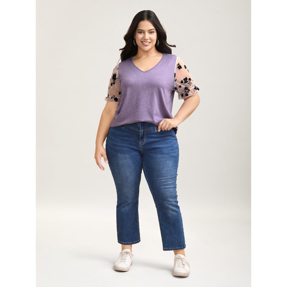 Plus Size Mixed Material Sheer Sleeve T-Shirt Heather Women Casual See through V-neck Everyday T-shirts BloomChic 18-20/2X Product Image