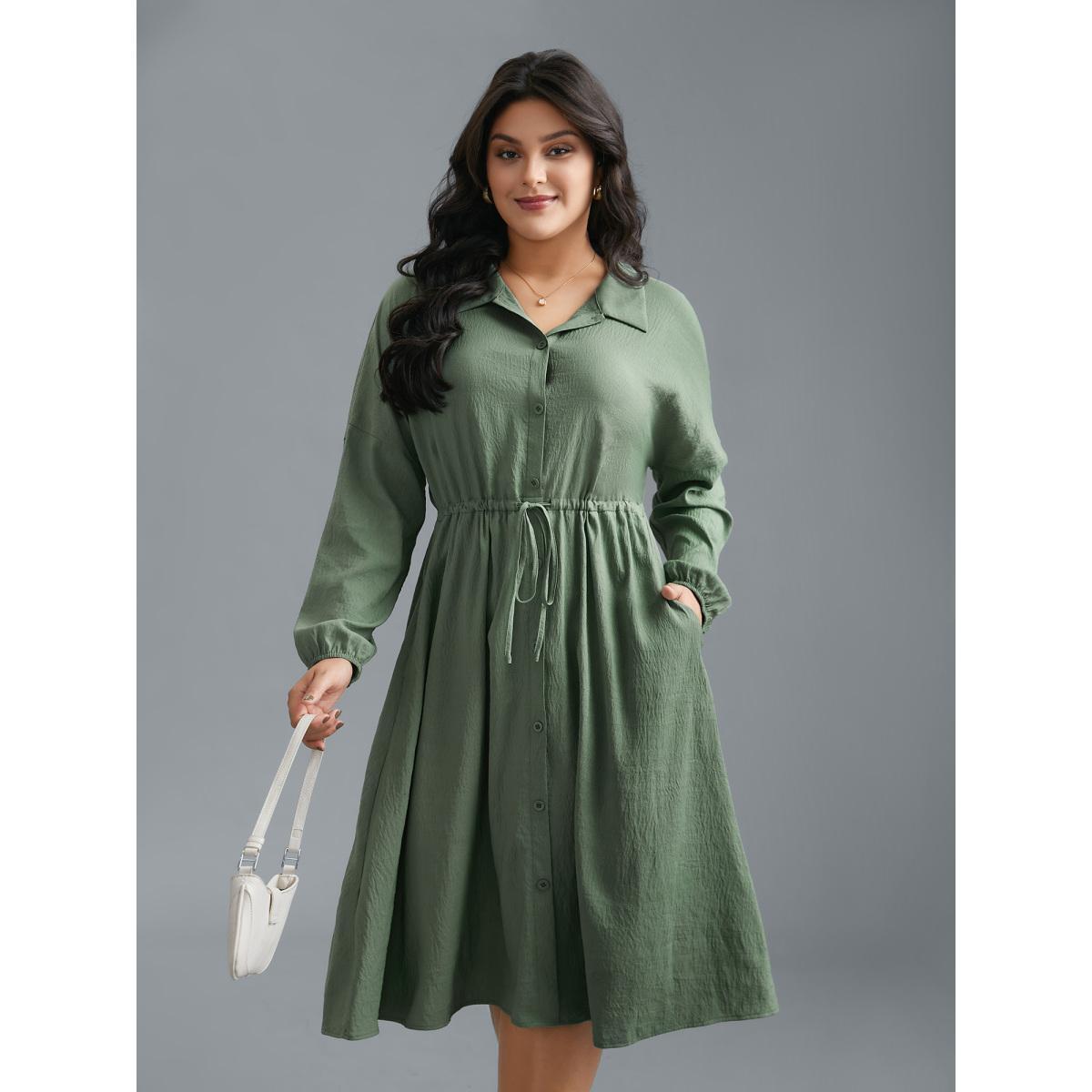 Plus Size Shirt Collar Tie-Waist Drop Dress Moss Women At the Office Tie knot Shirt collar Long Sleeve Curvy BloomChic 12/L Product Image