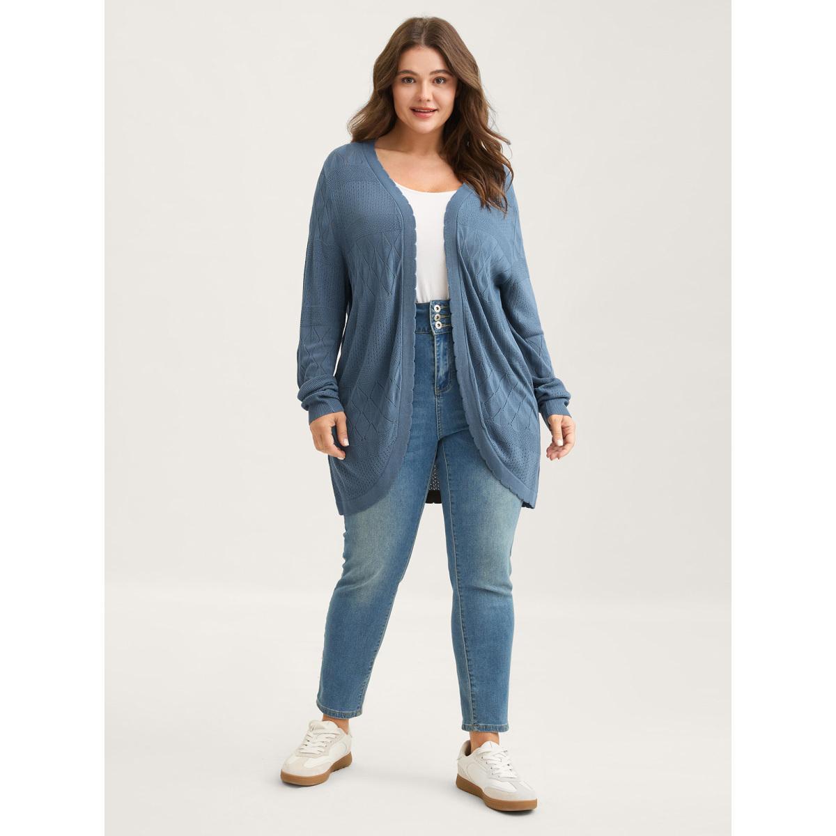 Plus Size Textured Arc Hem Front-Open Lightweight Cardigan Aegean Women Loose Long Sleeve Everyday-Casual Cardigans BloomChic 30/6X Product Image