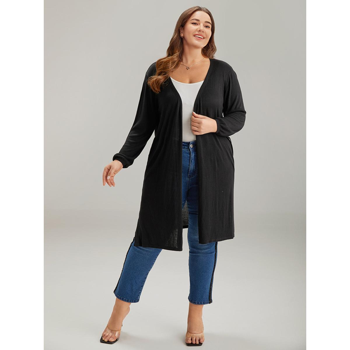 Plus Size Supersoft Essentials Ties Open Front Split Side Cardigan Black Women Casual Loose Long Sleeve Everyday Cardigans BloomChic 18-20/2X Product Image