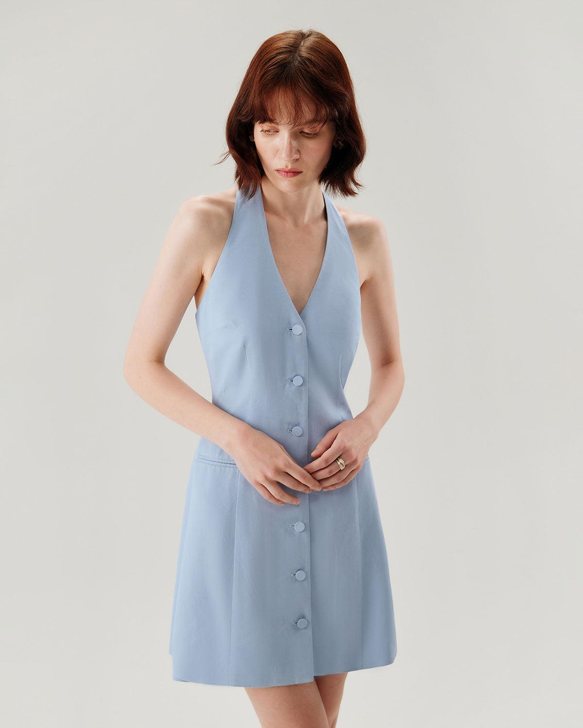 Blue Button Pocket Halter Mini Dress Product Image