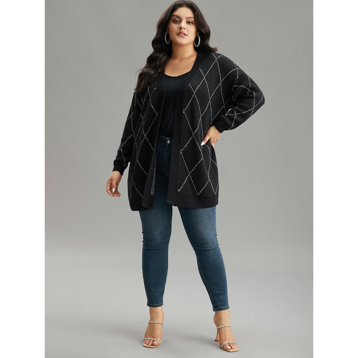 Plus Size Sparkly Plaid Open Front Cardigan Black Women Casual Loose Long Sleeve Dailywear Cardigans BloomChic 28/5X Product Image