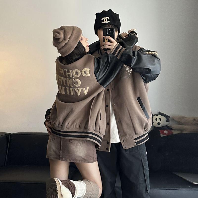 Couple Matching Letter Embroidered Faux Leather Panel Single-Breasted Baseball Jacket Product Image