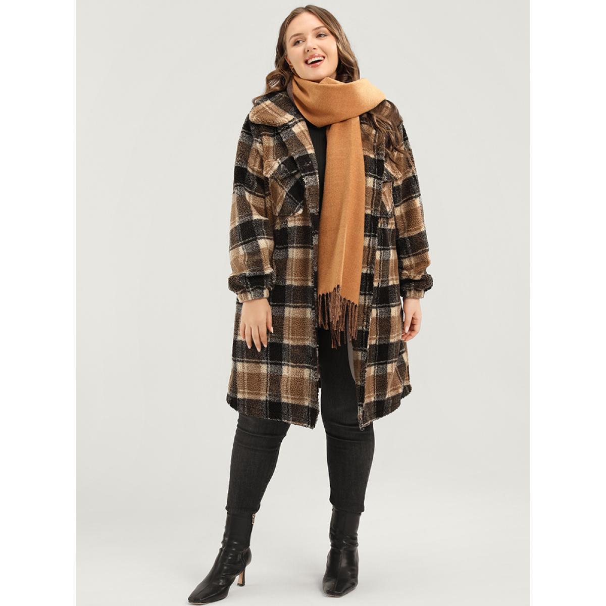 Plus Size Plaid Flap Pocket Button Up Teddy Coat Women Bronze Elegant Button Ladies Dailywear Winter Coats BloomChic 30/6X Product Image