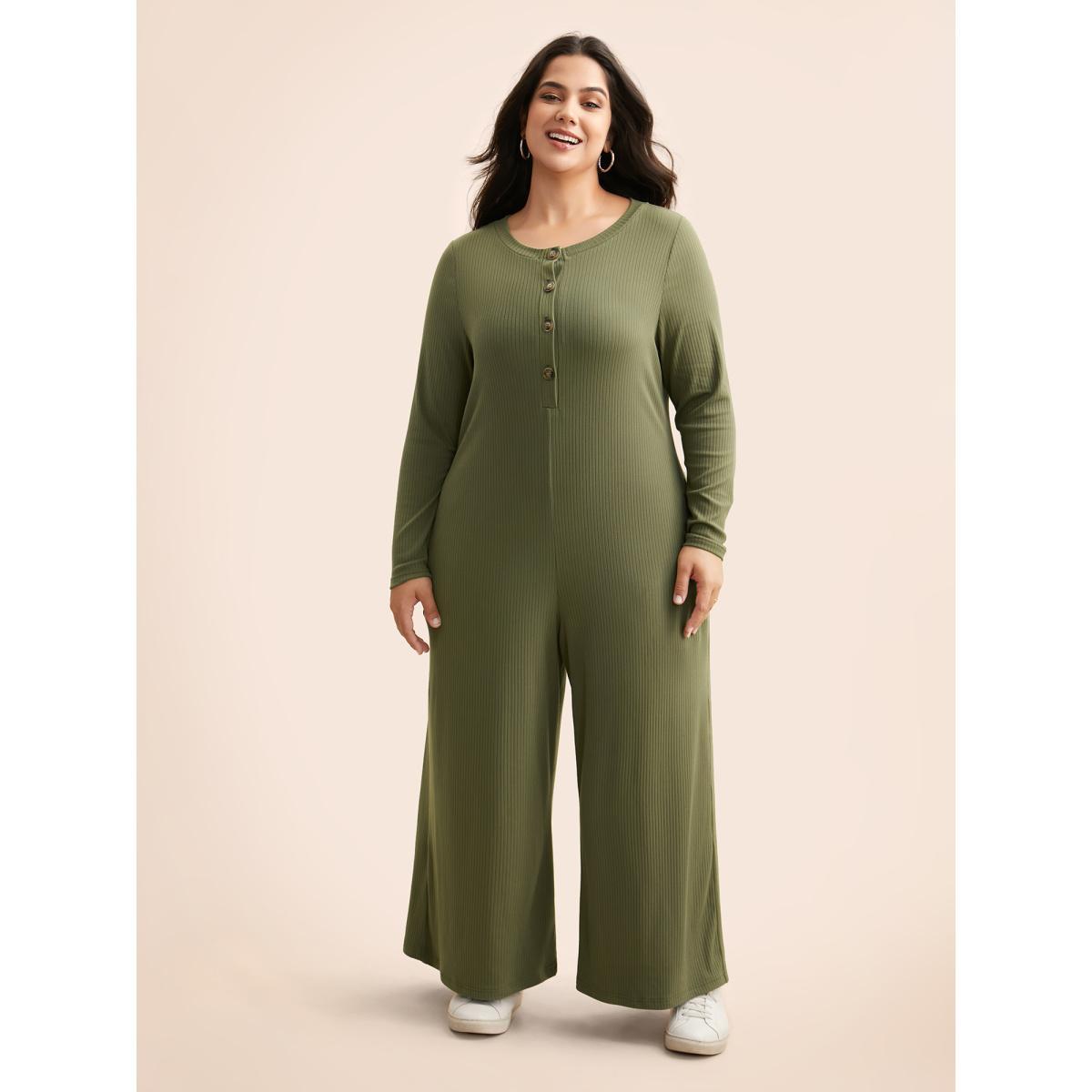 Plus Size ArmyGreen Supersoft Essentials Front Placket Onesie Women Casual Long Sleeve Round Neck Everyday Loose Jumpsuits BloomChic 10/M Product Image