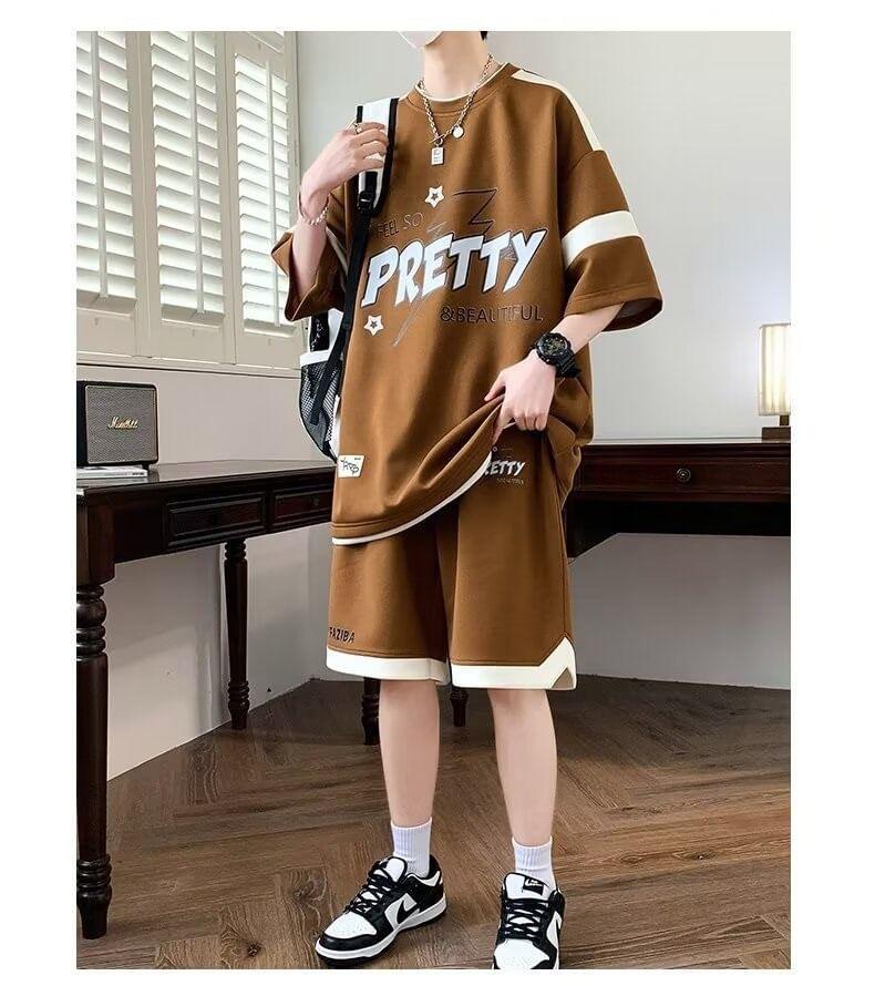 Set: 3/4-Sleeve Crew Neck Mock Two-Piece Two Tone Lettering Print T-Shirt + Drawstring Waist Wide Leg Sweat Shorts Product Image