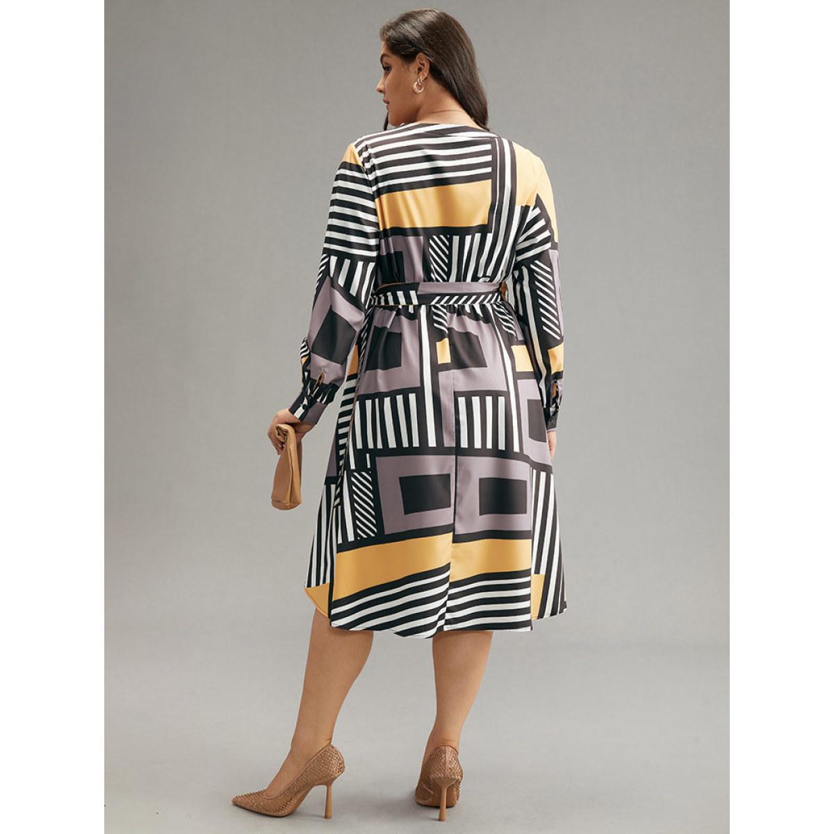 Plus Size Colorblock Geometric Notched Elastic Waist Arc Hem Dress Multicolor Women Office Printed Notched collar Long Sleeve Curvy Midi Dress BloomChic 10/M Product Image