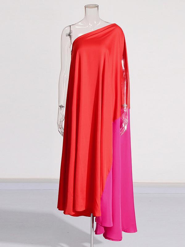 High Waisted Loose Asymmetric Contrast Color Split-Joint One-shoulder Maxi Dresses Product Image