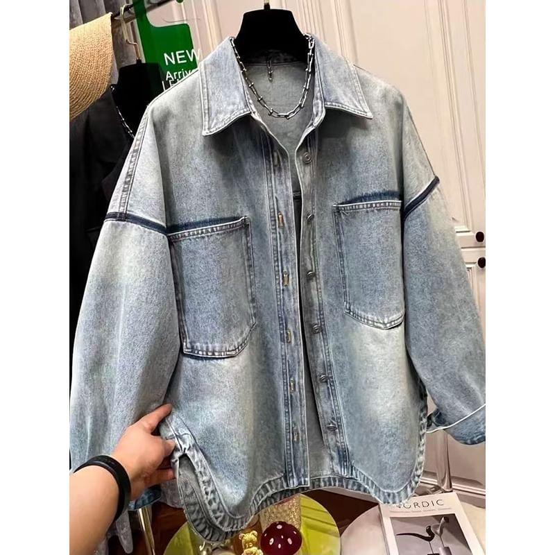 Collar Washed Denim Button Jacket Product Image