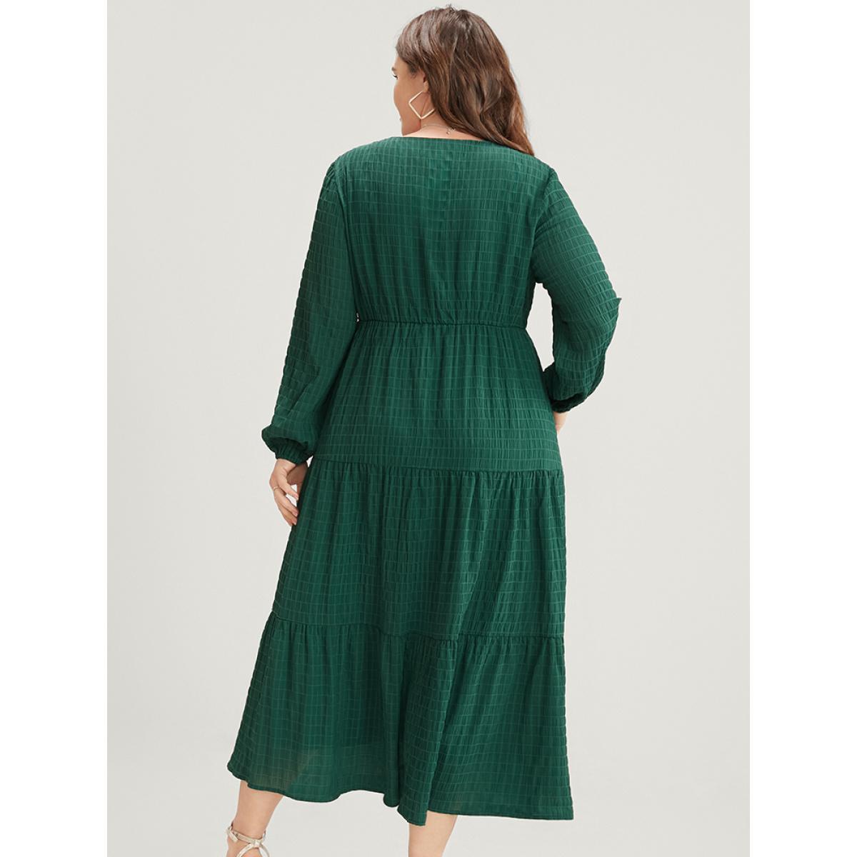 Plus Size Solid V Neck Lantern Sleeve Pocket Gingham Flutter Dress DarkGreen Women Elegant Pocket V-neck Long Sleeve Curvy Midi Dress BloomChic 10/M Product Image