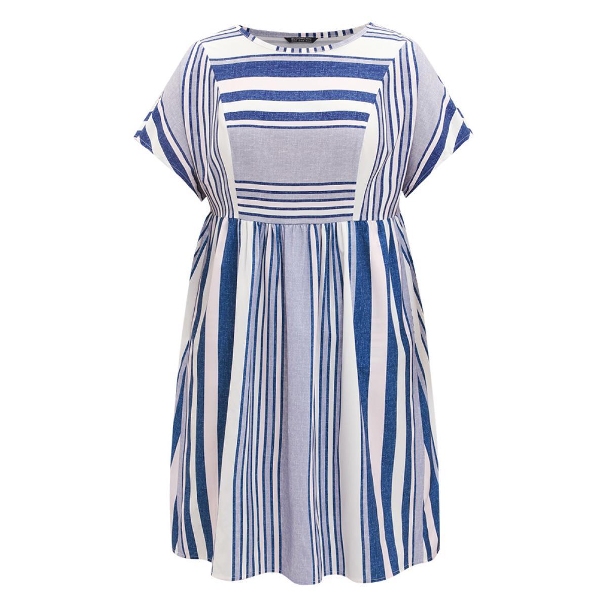 Plus Size Striped Print Patchwork Ruffle Sleeve Ruched Dress DarkBlue Women Vacation Round Neck Short sleeve Curvy Knee Dress BloomChic 26/4X Product Image