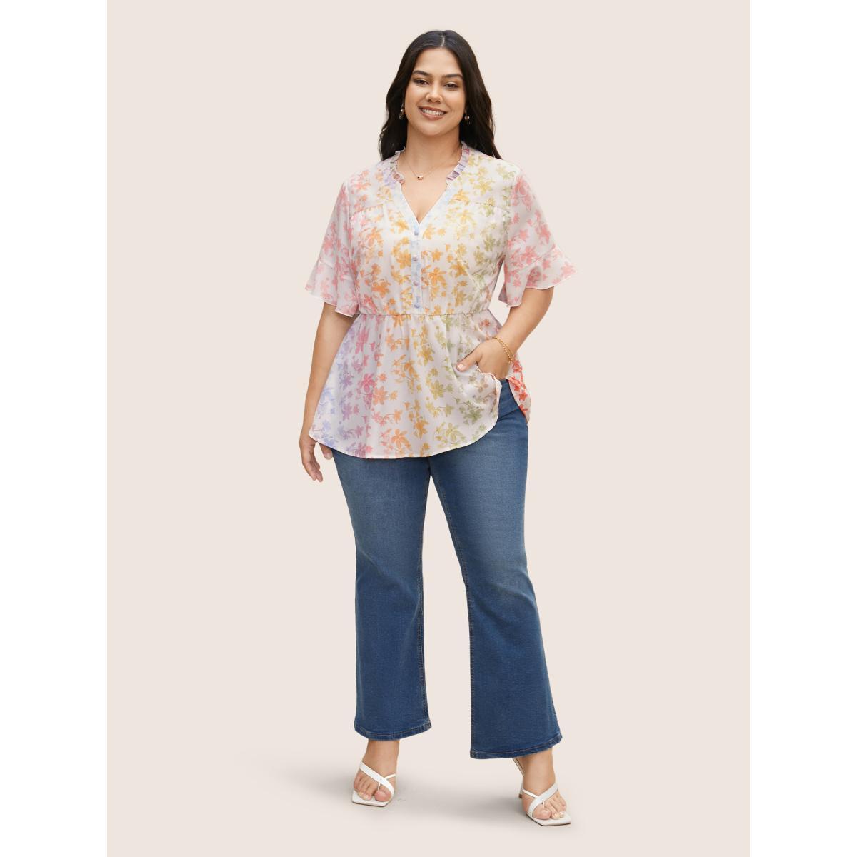 Plus Size Multicolor Ombre Floral Print Notched Collar Blouse Women Elegant Short sleeve Notched collar Everyday Blouses BloomChic 18-20/2X Product Image