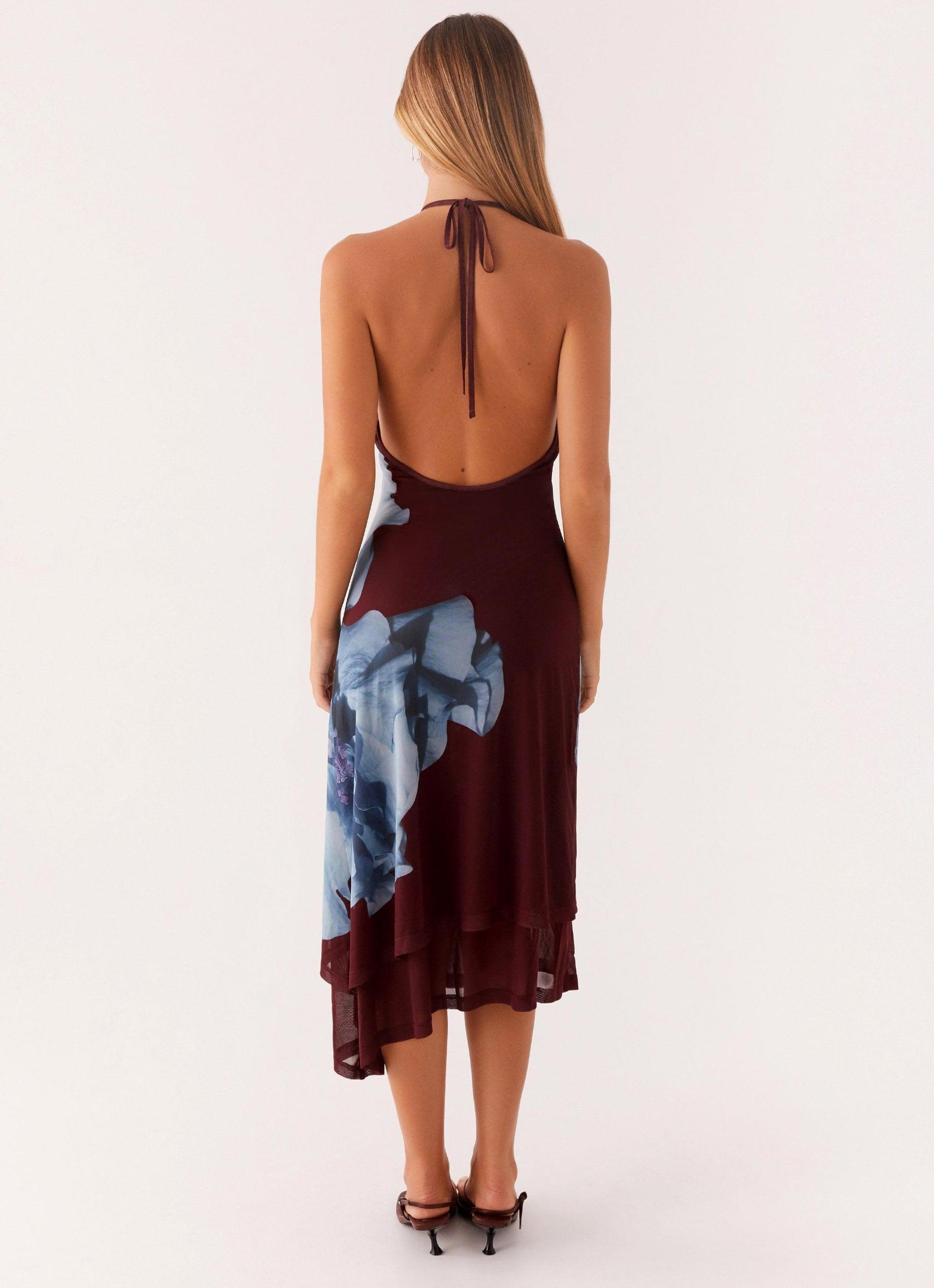 Brinley Halterneck Midi Dress - Maroon Print Product Image