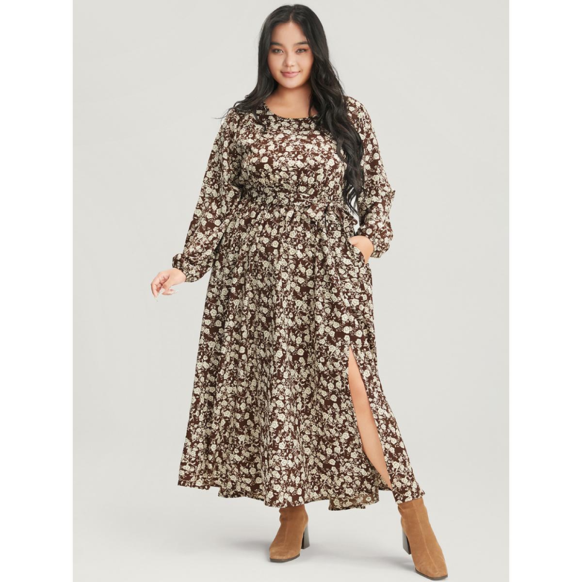 Plus Size Floral Pocket Lantern Sleeve Belted Split Hem Dress DarkBrown Women Elegant Belted Round Neck Long Sleeve Curvy Long Dress BloomChic 26/4X Product Image