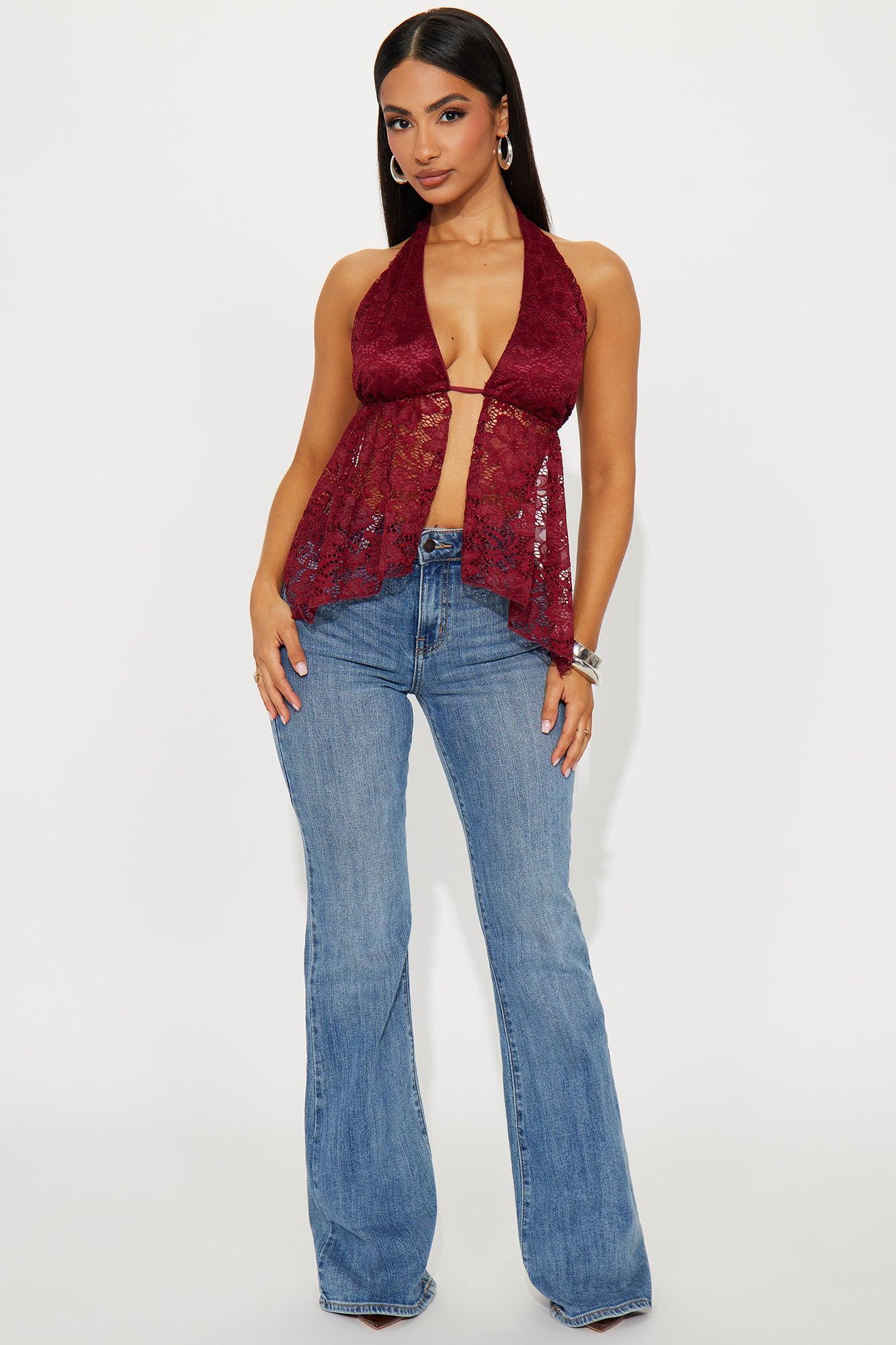 Warm Nights Lace Flyaway Halter Top - Burgundy Product Image