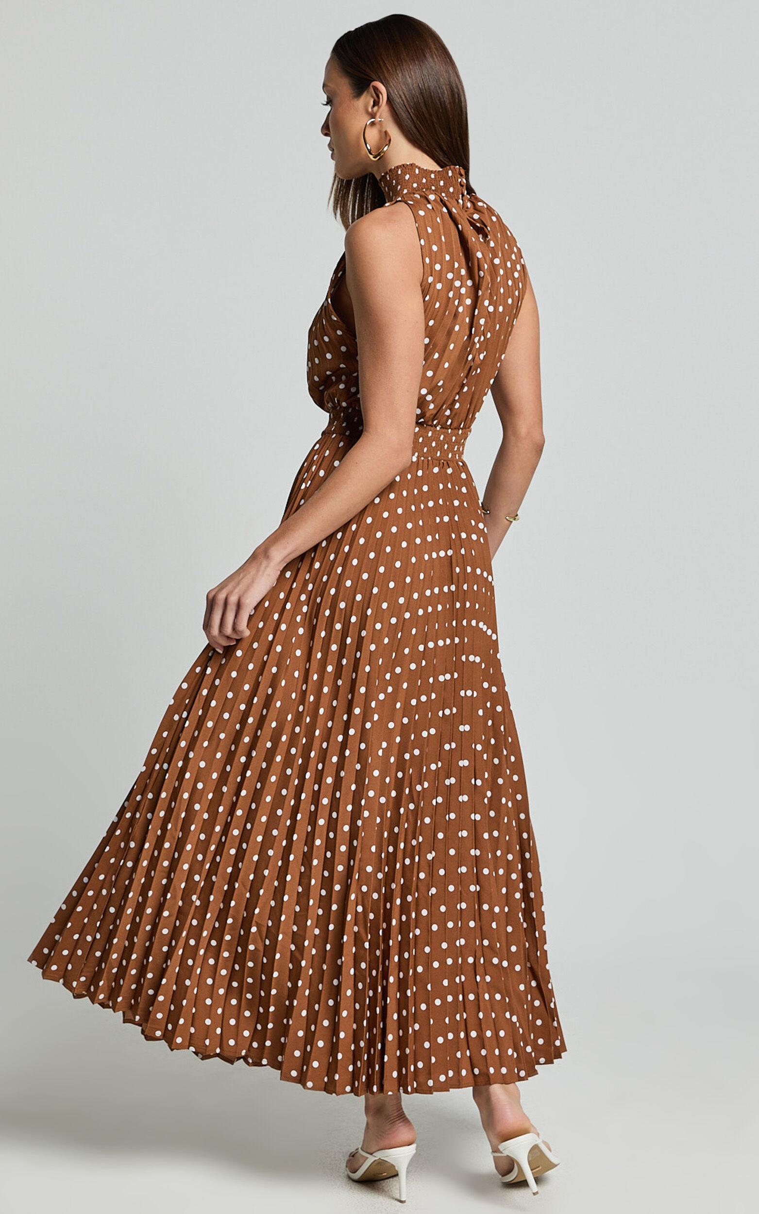 Jacynthia Midi Dress - Pleated High Neck Dress in Chocolate/White Product Image