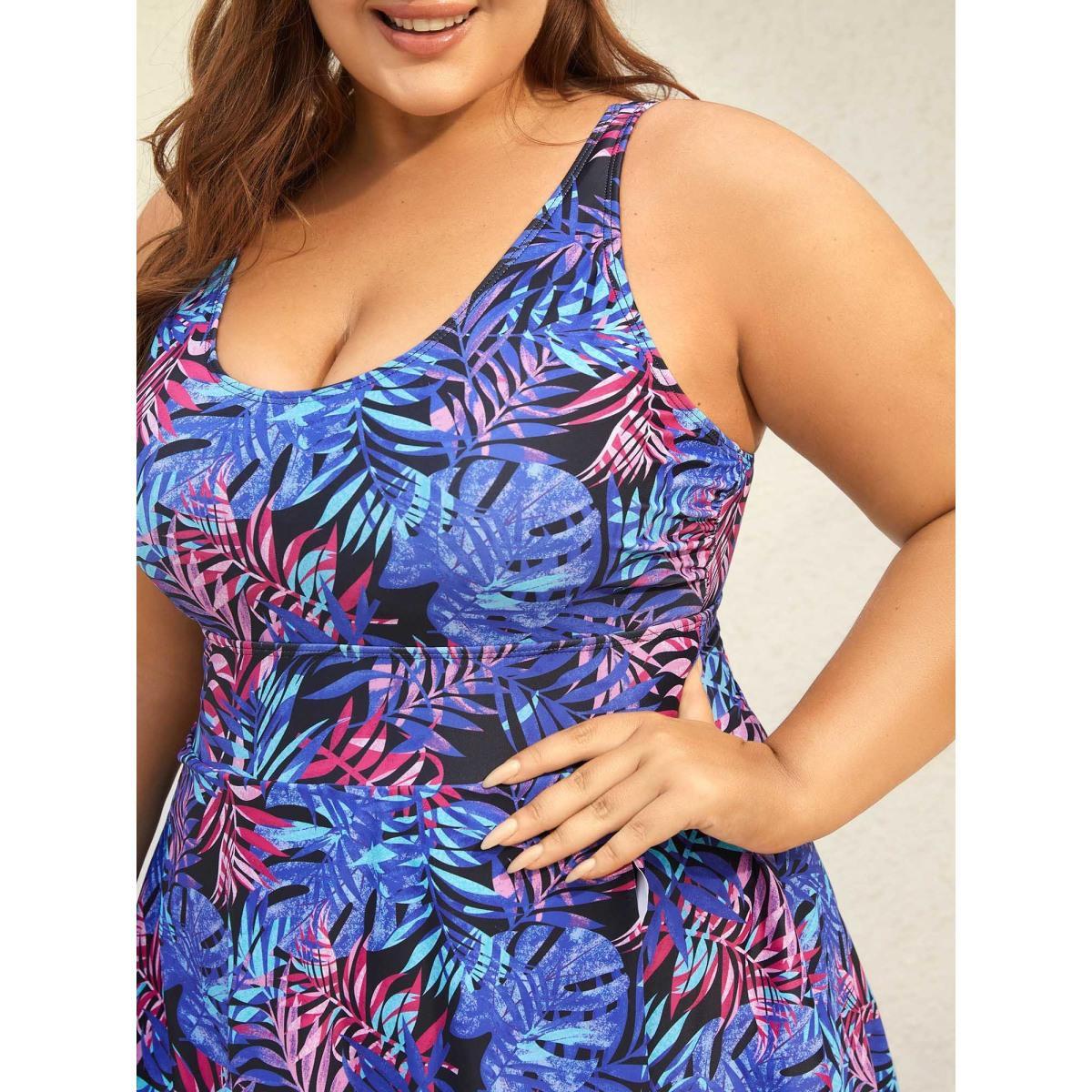 Plus Size Tropical Floral Print Split Swim Dress Women's Swimwear Navy Beach Bodycon U-neck High stretch Curve Swim Dresses BloomChic 14-16/1X Product Image