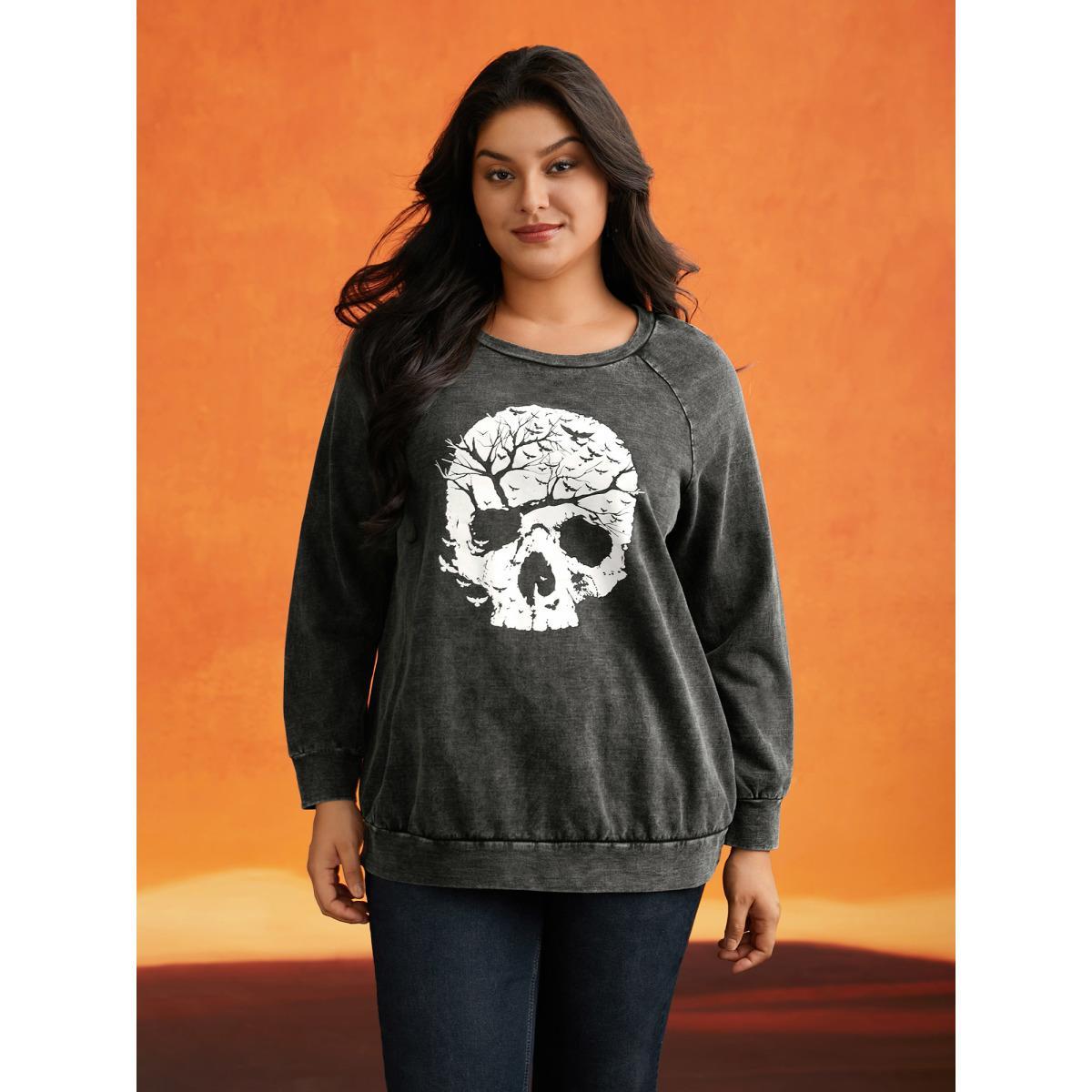 Plus Size Retro Wash Cotton Sweatshirt Women Black Casual Non Round Neck Everyday Sweatshirts BloomChic 18-20/2X Product Image