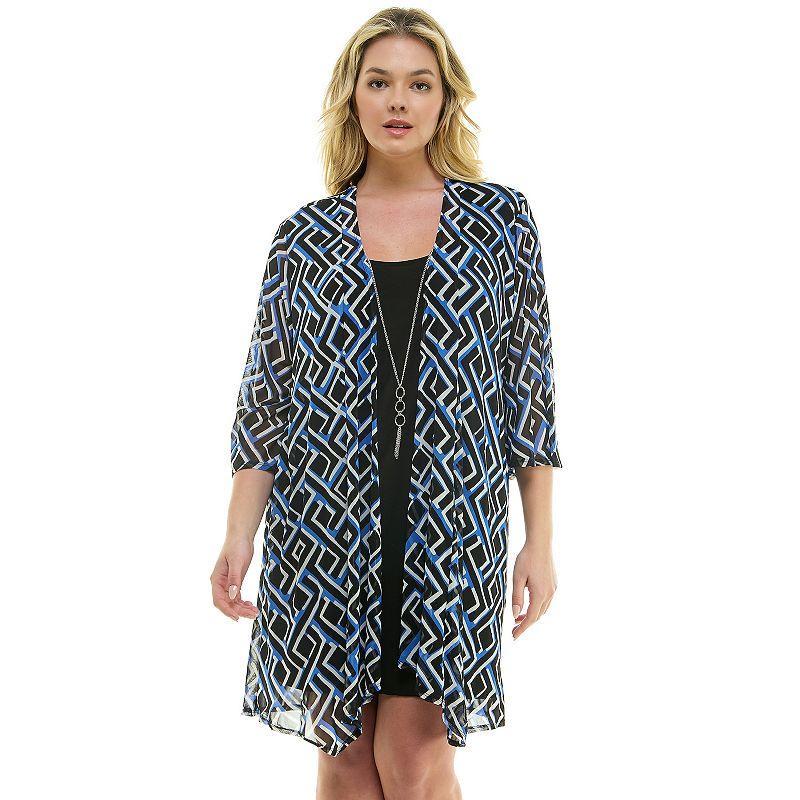 Plus Size Luxology 2-Piece 3/4 Sleeve Cardigan & Dress Set, Women's, Size: 1XL, Blue Black Ivory Product Image