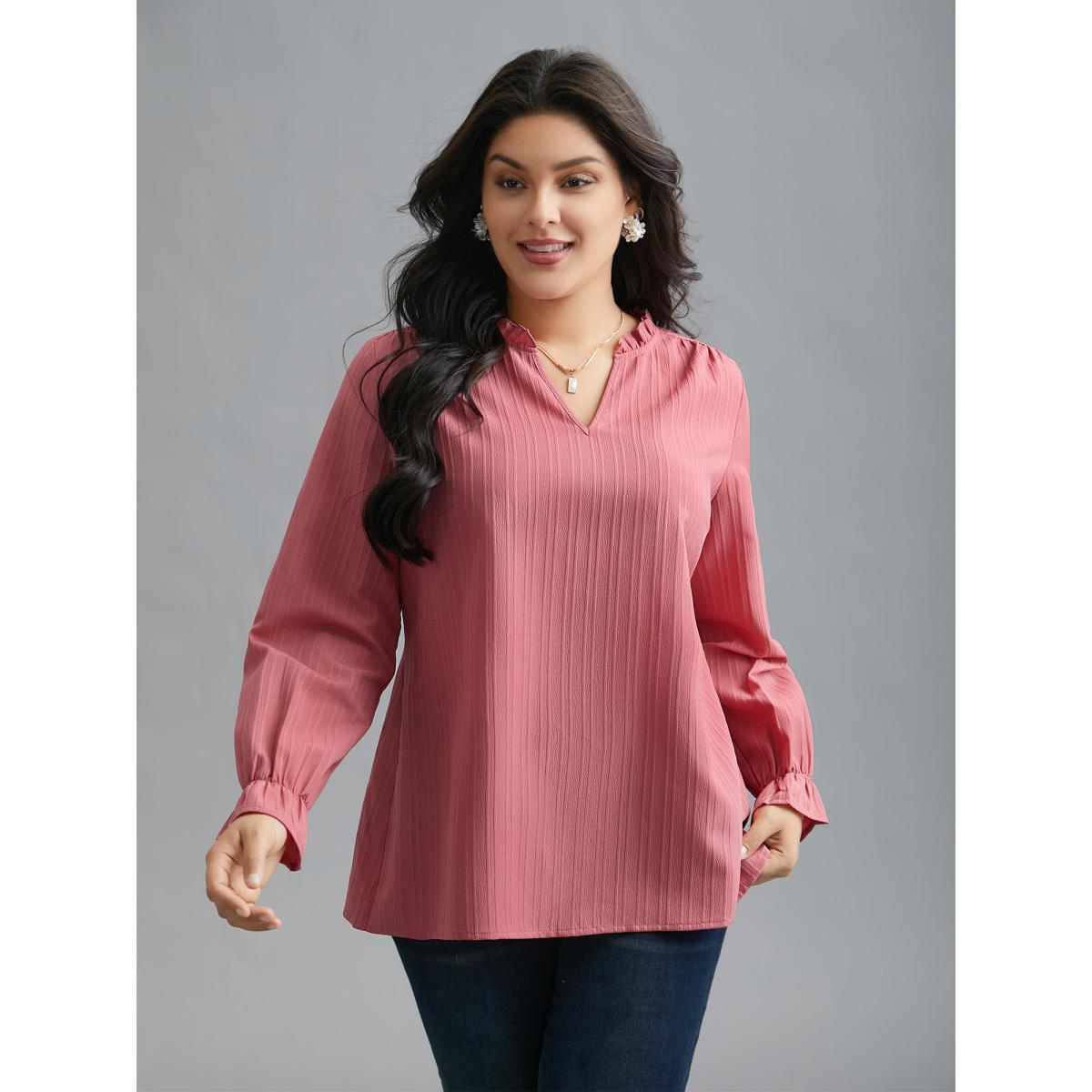 Plus Size DustyPink V Neck Frill Trim Textured Blouse Women Elegant Extra Long Sleeve V-neck Everyday Blouses BloomChic 18-20/2X Product Image