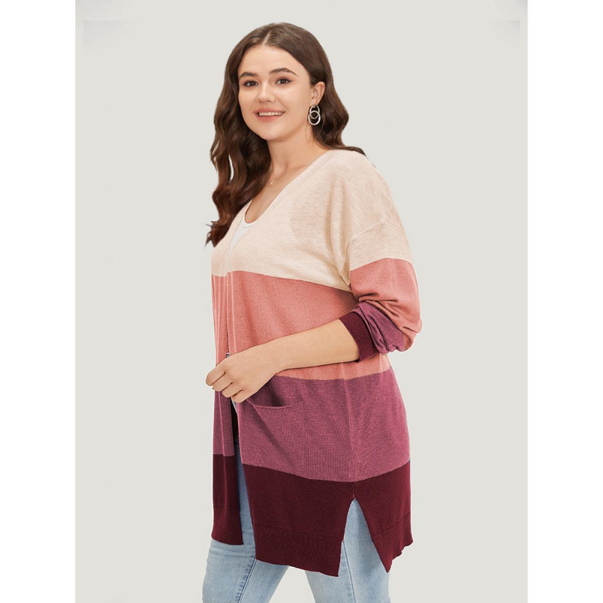 Plus Size Supersoft Essentials Colorblock Contrast Pocket Split Side Cardigan RedViolet Women Casual Loose Long Sleeve Everyday Cardigans BloomChic 10/M Product Image