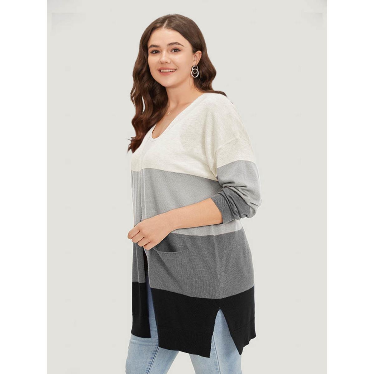 Plus Size Supersoft Essentials Colorblock Contrast Pocket Split Side Cardigan DarkGray Women Casual Loose Long Sleeve Everyday Cardigans BloomChic 12/L Product Image