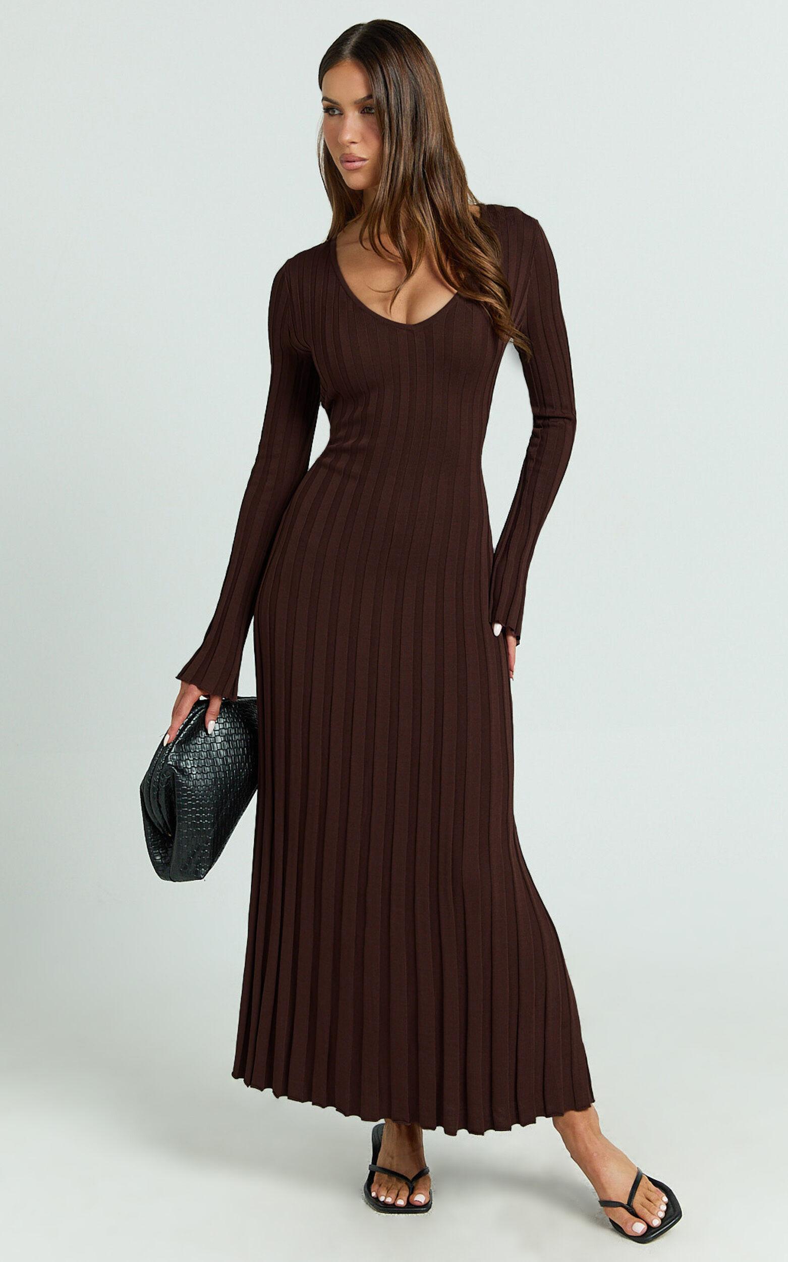 Astra Maxi Dress - V Neck Long Sleeve Knit Dress in Chocolate Product Image