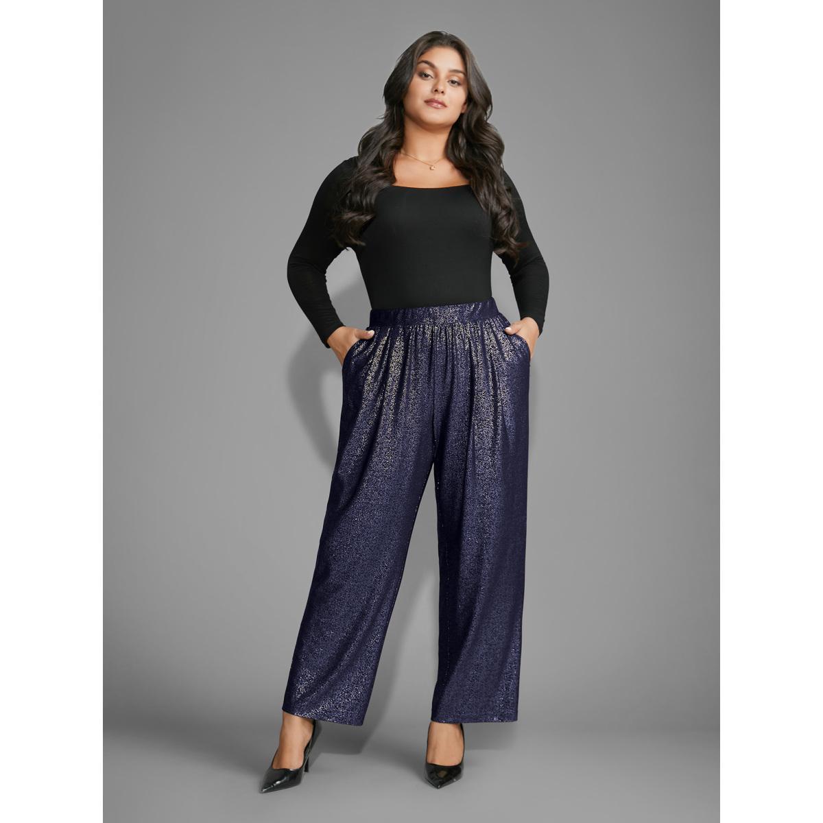 Plus Size Sequin Knit Elastic Waist Holiday Pants Women Indigo Formal Mid Rise Party Pants BloomChic 12/L Product Image