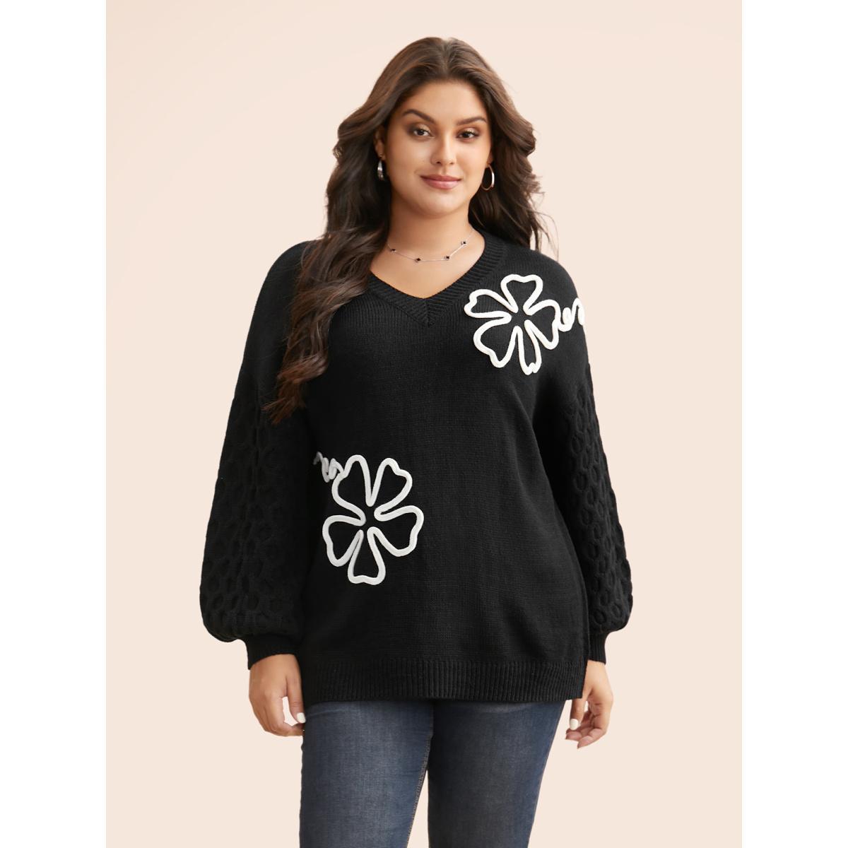 Plus Size Crochet Floral Texture V Neck Pullover Black Women Casual Loose Long Sleeve V-neck Everyday Pullovers BloomChic 30/6X Product Image