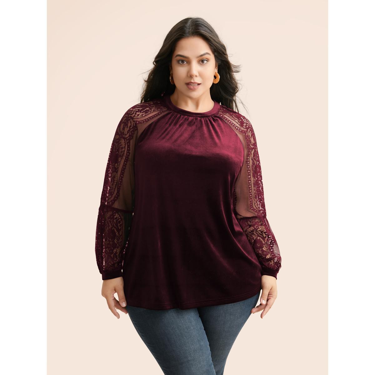 Plus Size Burgundy Lace Patchwork Velvet Raglan Sleeve Blouse Women Elegant Long Sleeve Stand-up collar Everyday Blouses BloomChic 30/6X Product Image