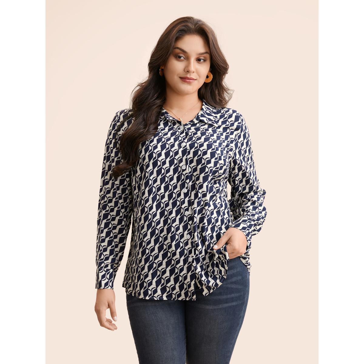 Plus Size Indigo Geometric Shirt Collar Pleated Blouse Women Elegant Long Sleeve Shirt collar Everyday Blouses BloomChic 22-24/3X Product Image