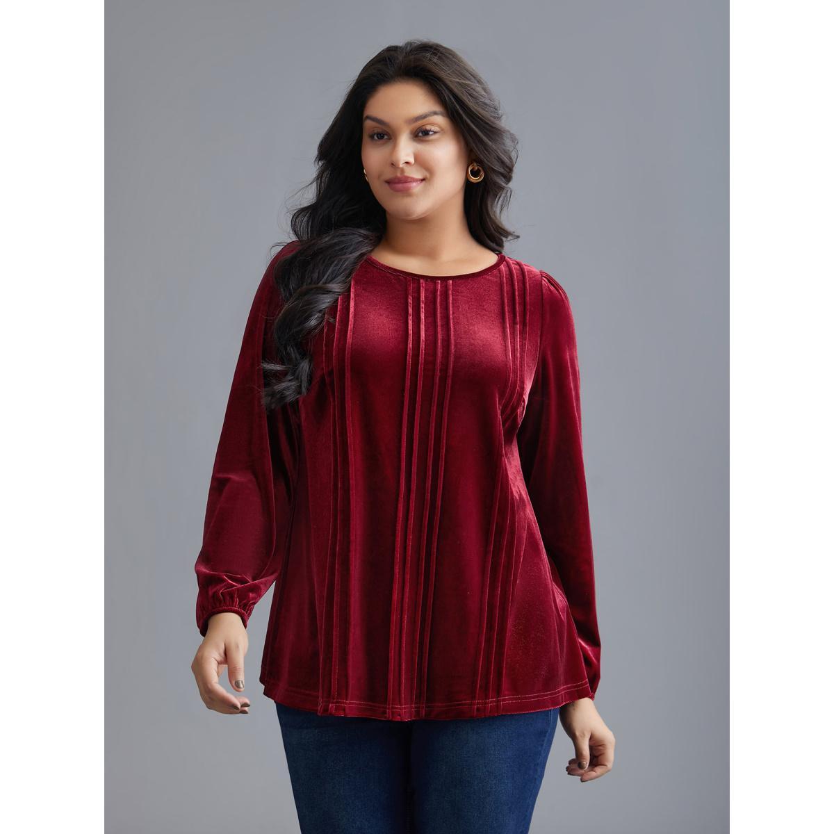 Plus Size Scarlet Plain Round Neck Gathered Velvet Blouse Women Elegant Long Sleeve Round Neck Everyday Blouses BloomChic 30/6X Product Image