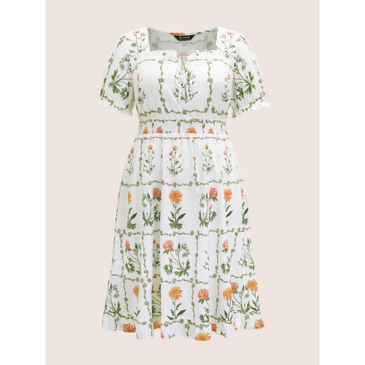 Plus Size Boho Print Tie Knot Shirred Lantern Sleeve Dress Originalwhite Women Elegant Square Neck Short sleeve Curvy BloomChic 26/4X Product Image