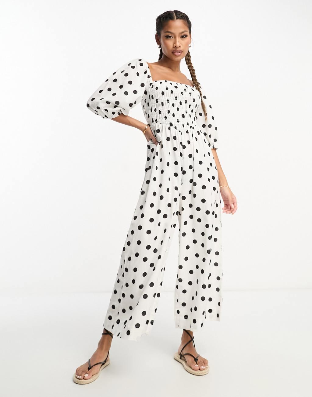 ASOS DESIGN linen look shirred puff sleeve jumpsuit Product Image