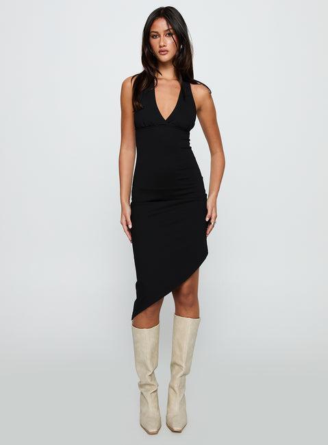 Whimsy Asymmetrical Midi Dress Black Product Image