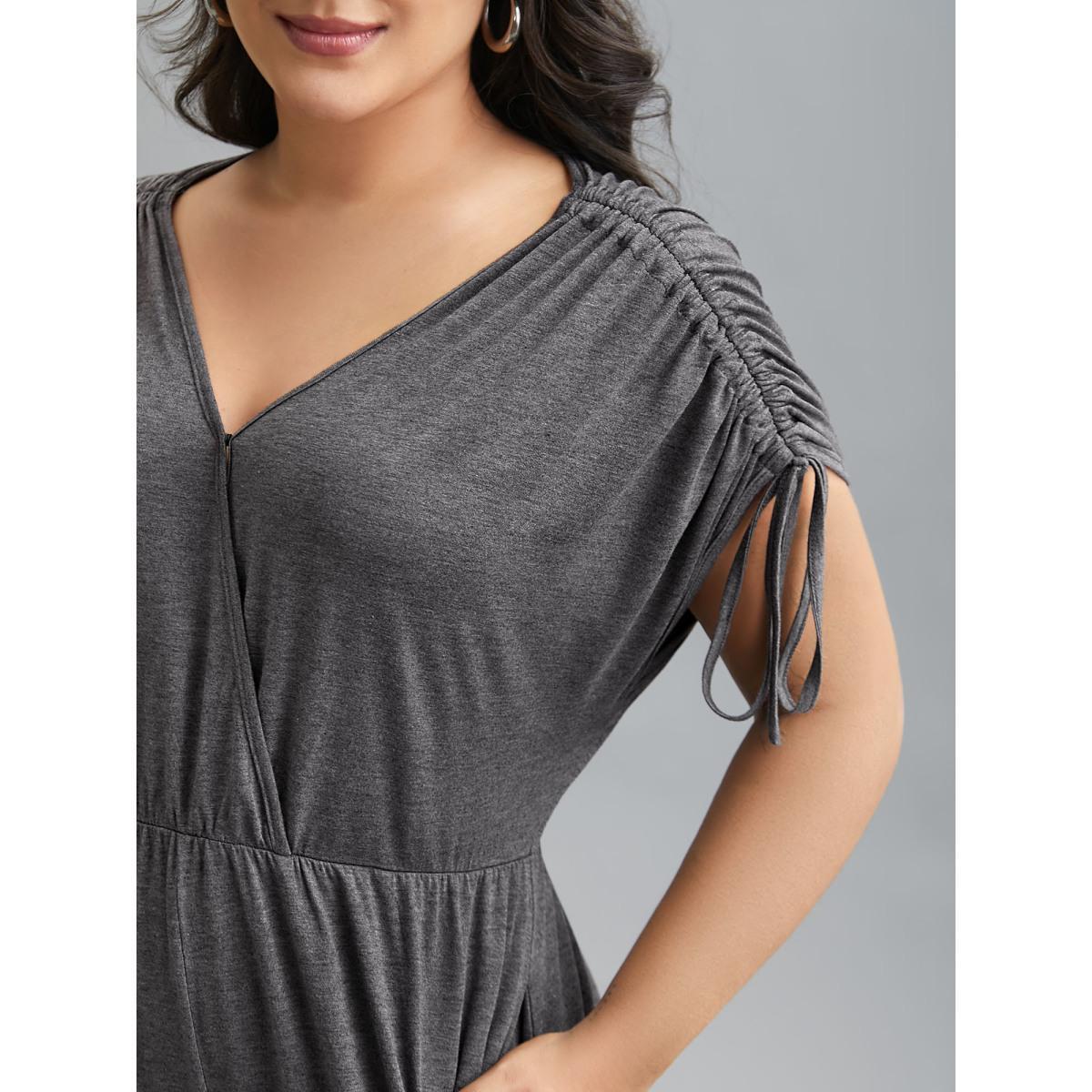 Plus Size DimGray Surplice Neck Drawstring Stretch Jumpsuit Women Casual Short sleeve Overlap Collar Everyday Loose Jumpsuits BloomChic 28/5X Product Image