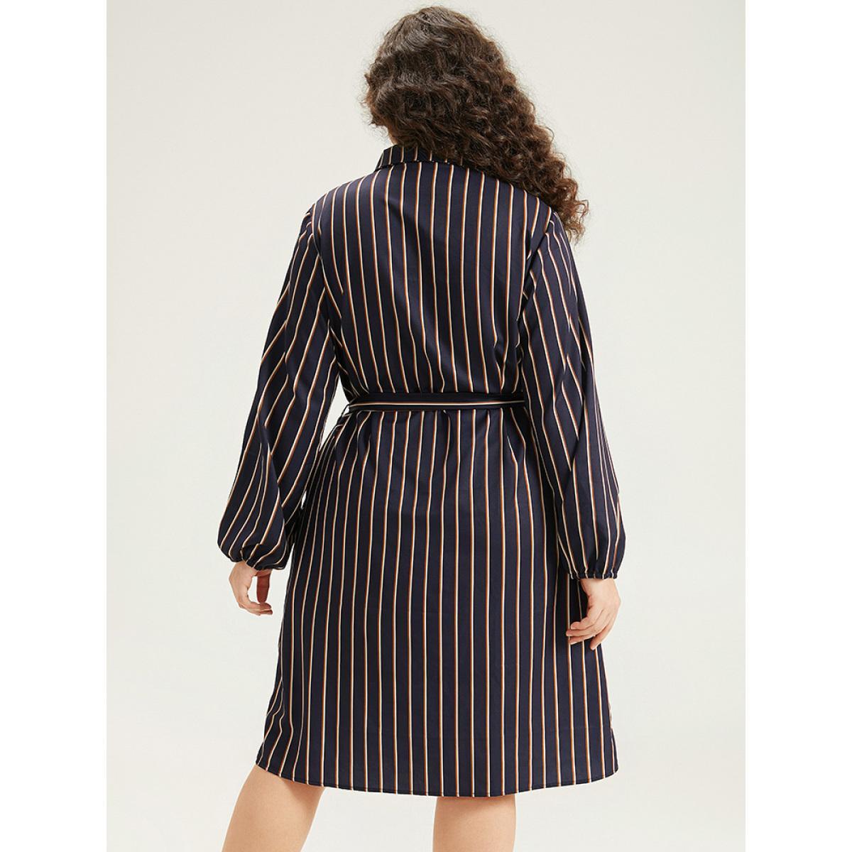 Plus Size Striped Belted Lantern Sleeve Button Through Dress Indigo Women At the Office Belted Shirt collar Long Sleeve Curvy Midi Dress BloomChic 28/5X Product Image