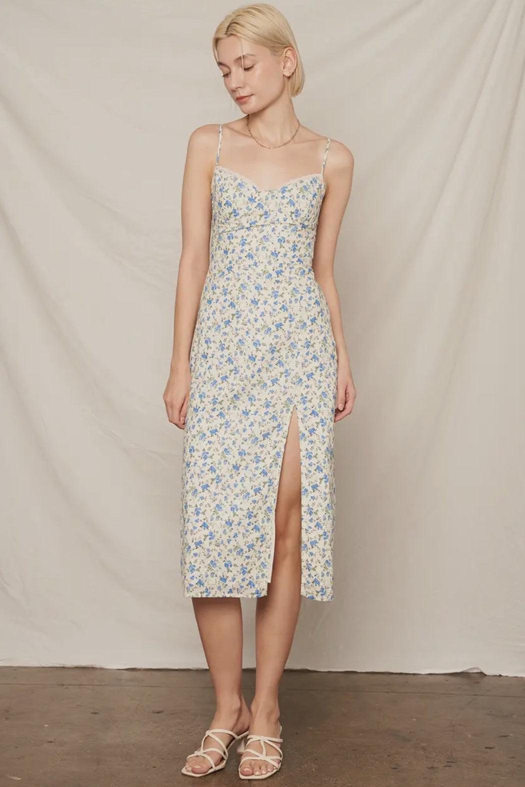 Ivory Blue Bustier Lace Back Midi Dress Product Image