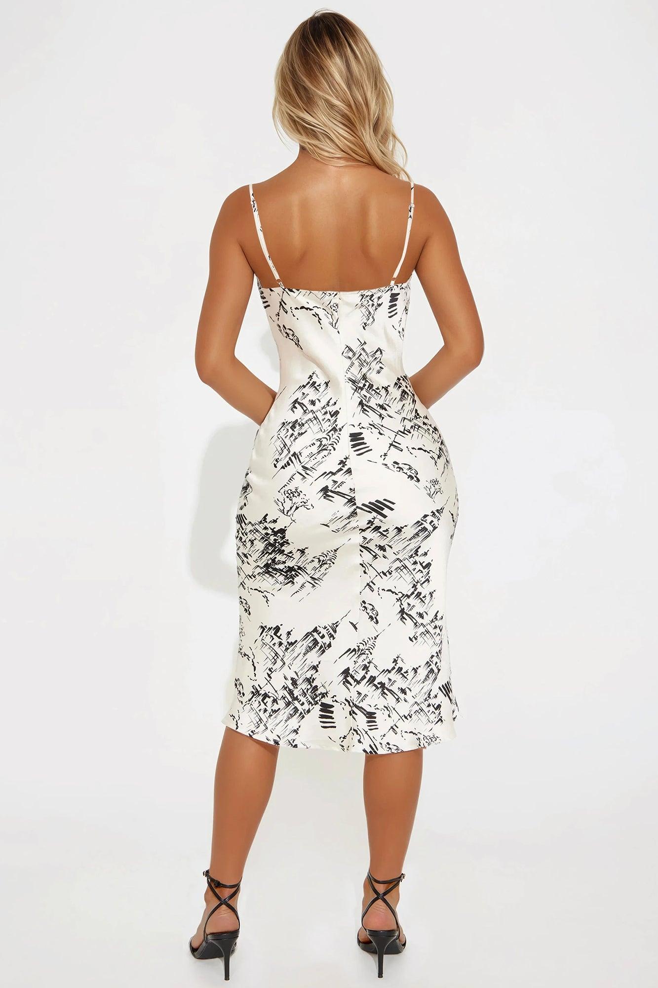 Around The World Satin Midi Dress - Ivory/combo Product Image
