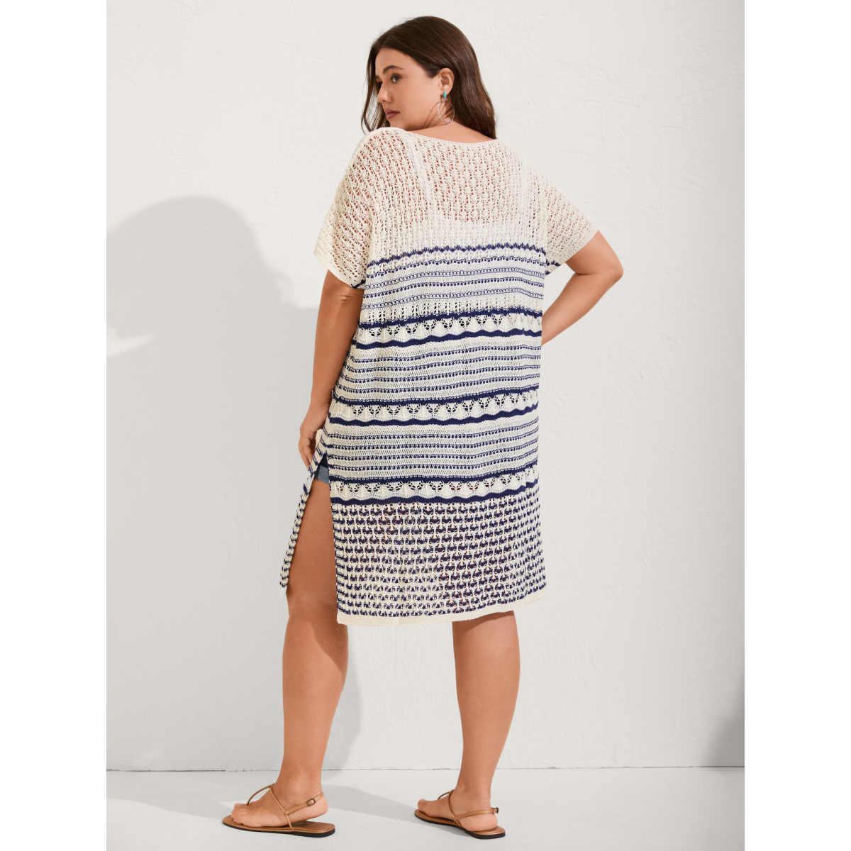 Plus Size Stripes Crochet V-Neck Swim Cover-Up Women's Swimwear Indigo Beach Loose Texture Curve Swim Cover Ups BloomChic 30/6X Product Image