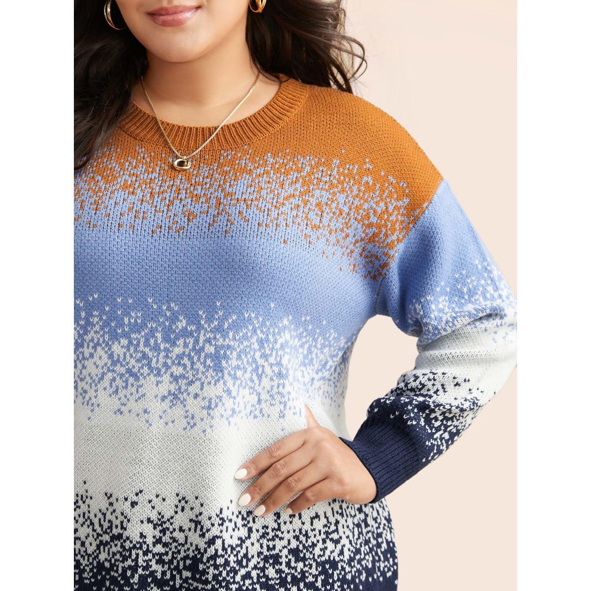 Plus Size Gradient Dyeing Contrast Drop Shoulder Pullover Indigo Women Casual Loose Long Sleeve Round Neck Everyday Pullovers BloomChic 14-16/1X Product Image