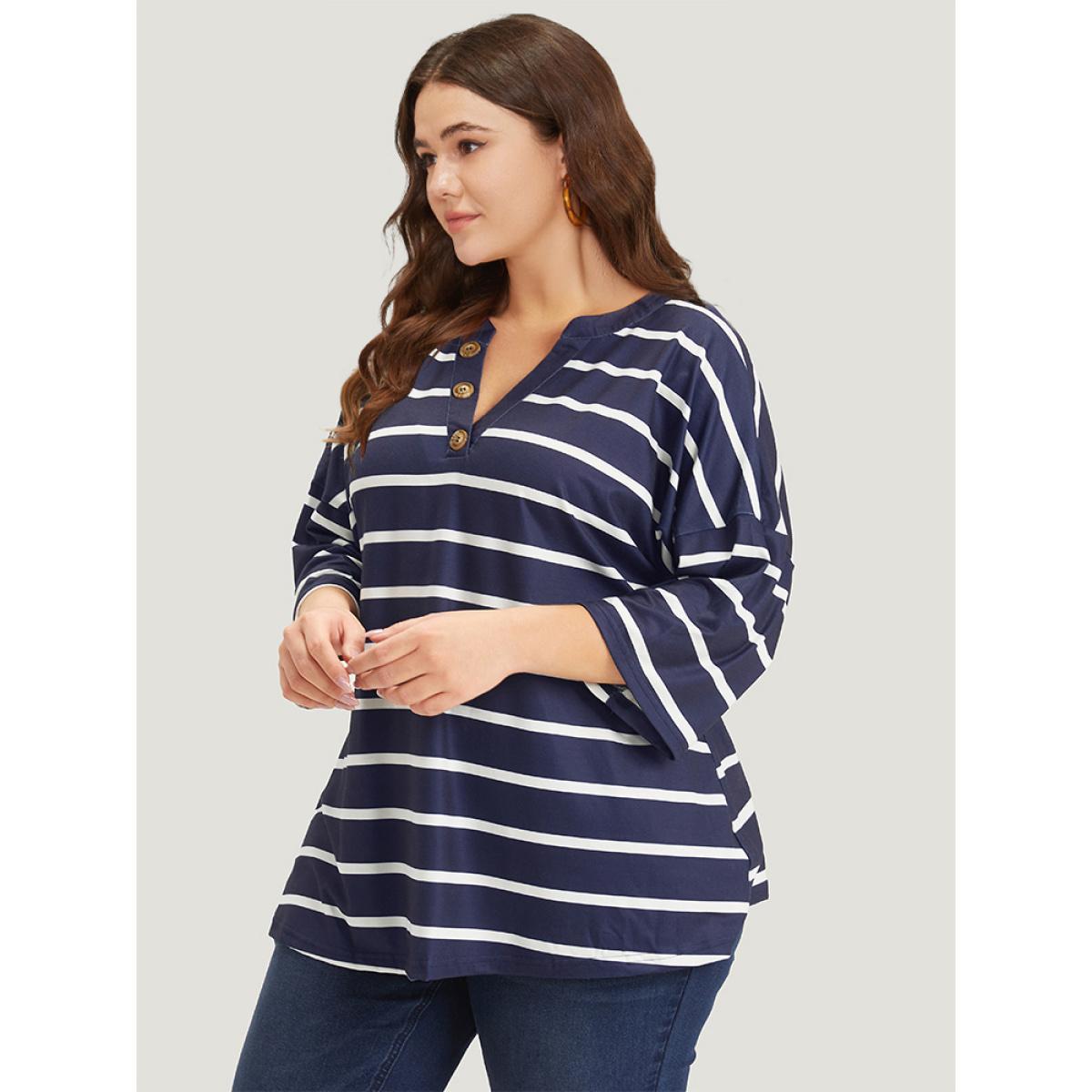 Plus Size Striped Print Button Detail Notched T-shirt Blue Women Casual Button Striped Notched collar Dailywear T-shirts BloomChic 26/4X Product Image