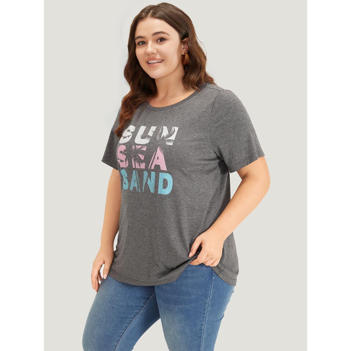 Plus Size Tropical & Letter Print Crew Neck T-shirt Gray Women Casual Printed Letter Dailywear T-shirts BloomChic 26/4X Product Image