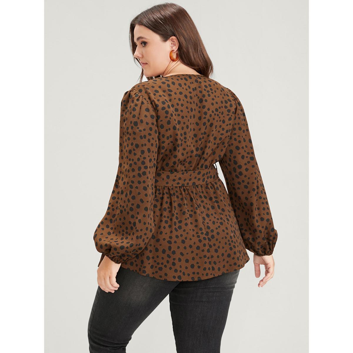 Plus Size Brown Polka Dot Lantern Sleeve Belted Wrap Blouse Women Elegant Long Sleeve V-neck Dailywear Blouses BloomChic 22-24/3X Product Image