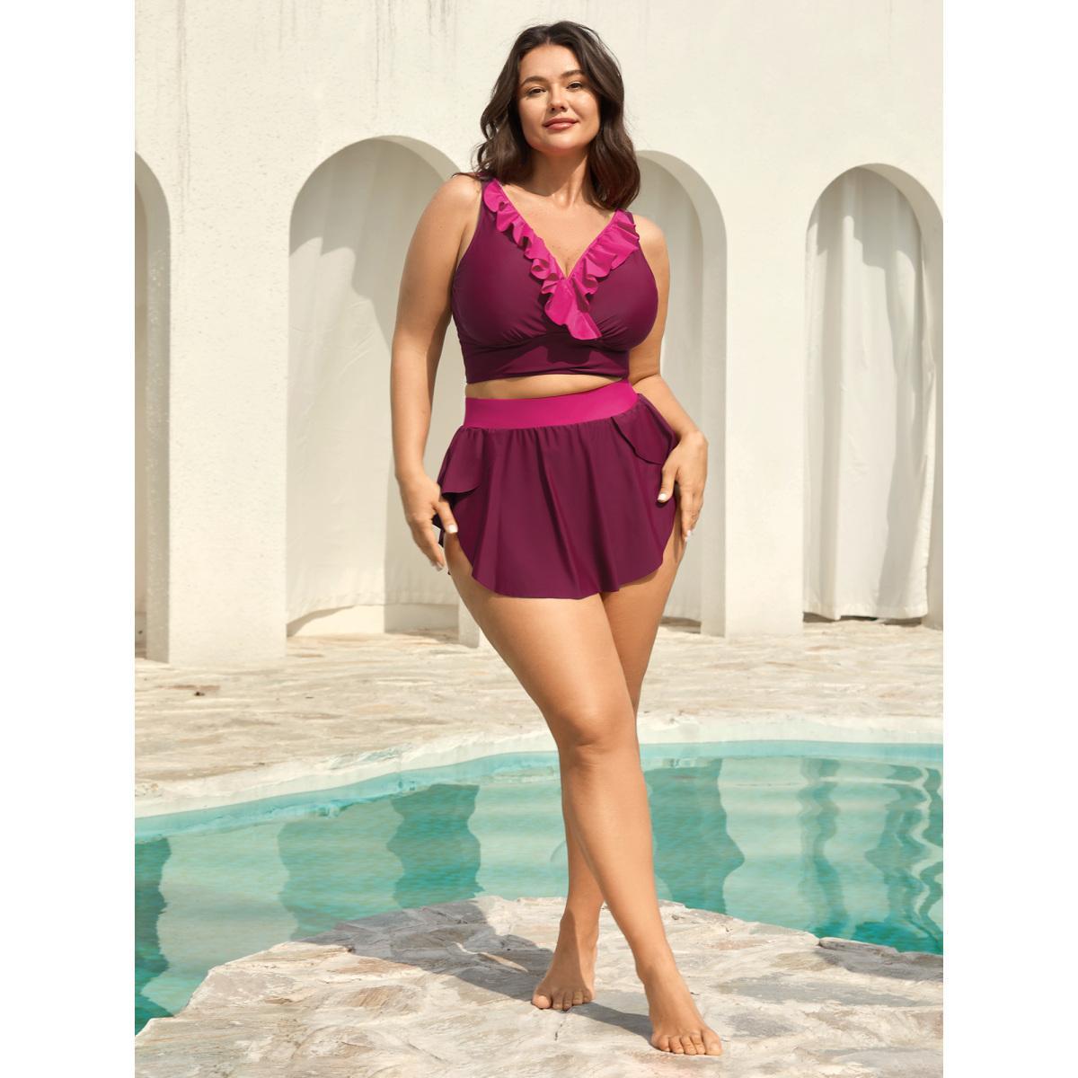 Plus Size Color Block Lotus Edge Swim Top Women's Swimwear RedViolet Beach Ruffles High stretch Skinny Overlap Collar Curve Swim Tops BloomChic 10/M Product Image