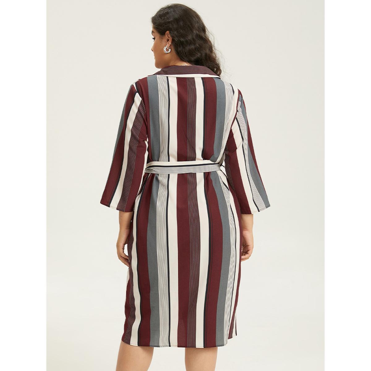 Plus Size Striped Contrast Pocket Button Through Belted Shirt Collar Dress Multicolor Women Work From Home Belted Shirt collar Elbow-length sleeve Curvy Midi Dress BloomChic 26/4X Product Image