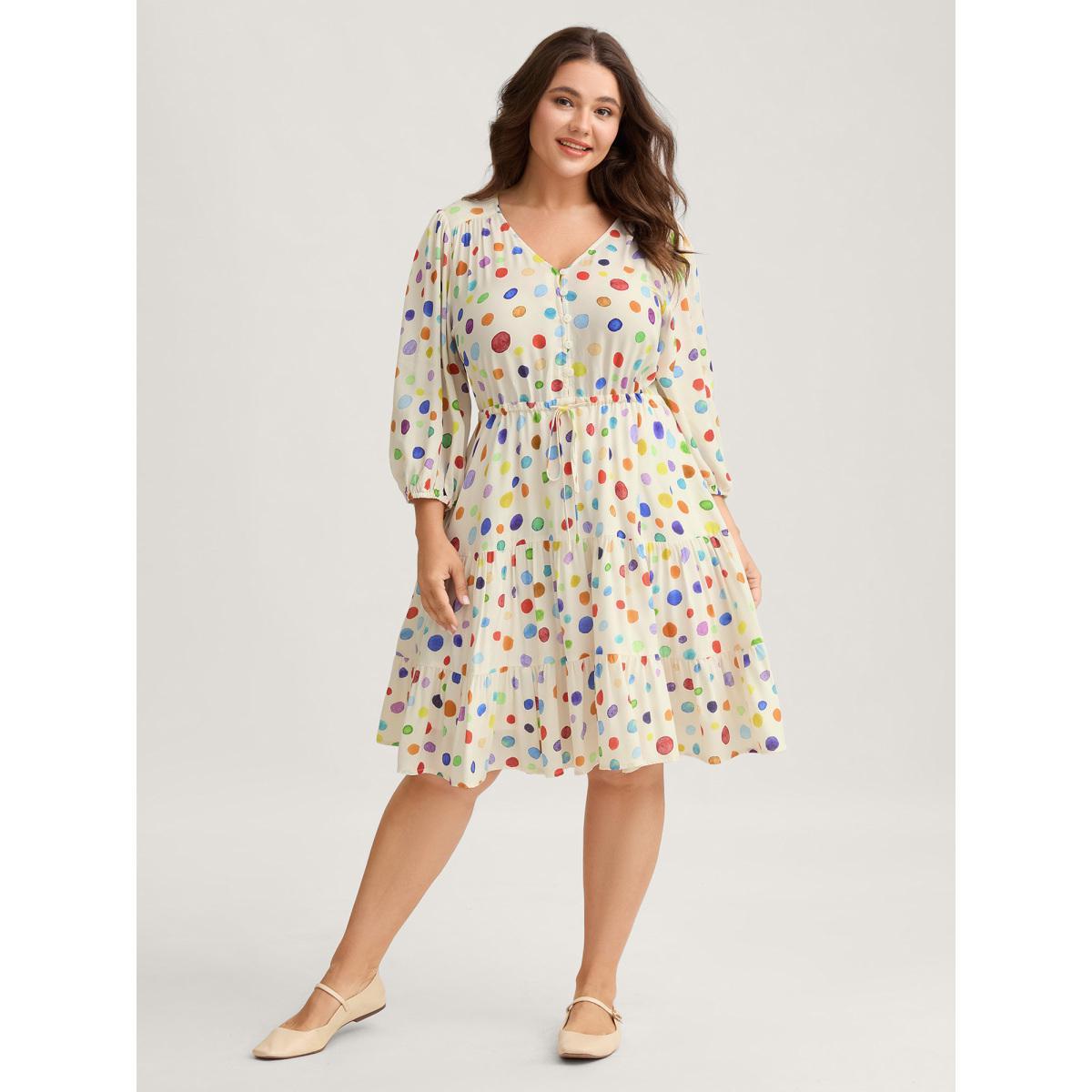 Plus Size Colorful Polka Dots Waist Drawstring Midi Dress Beige Women V-neck Elbow-length sleeve Curvy BloomChic 12/L Product Image