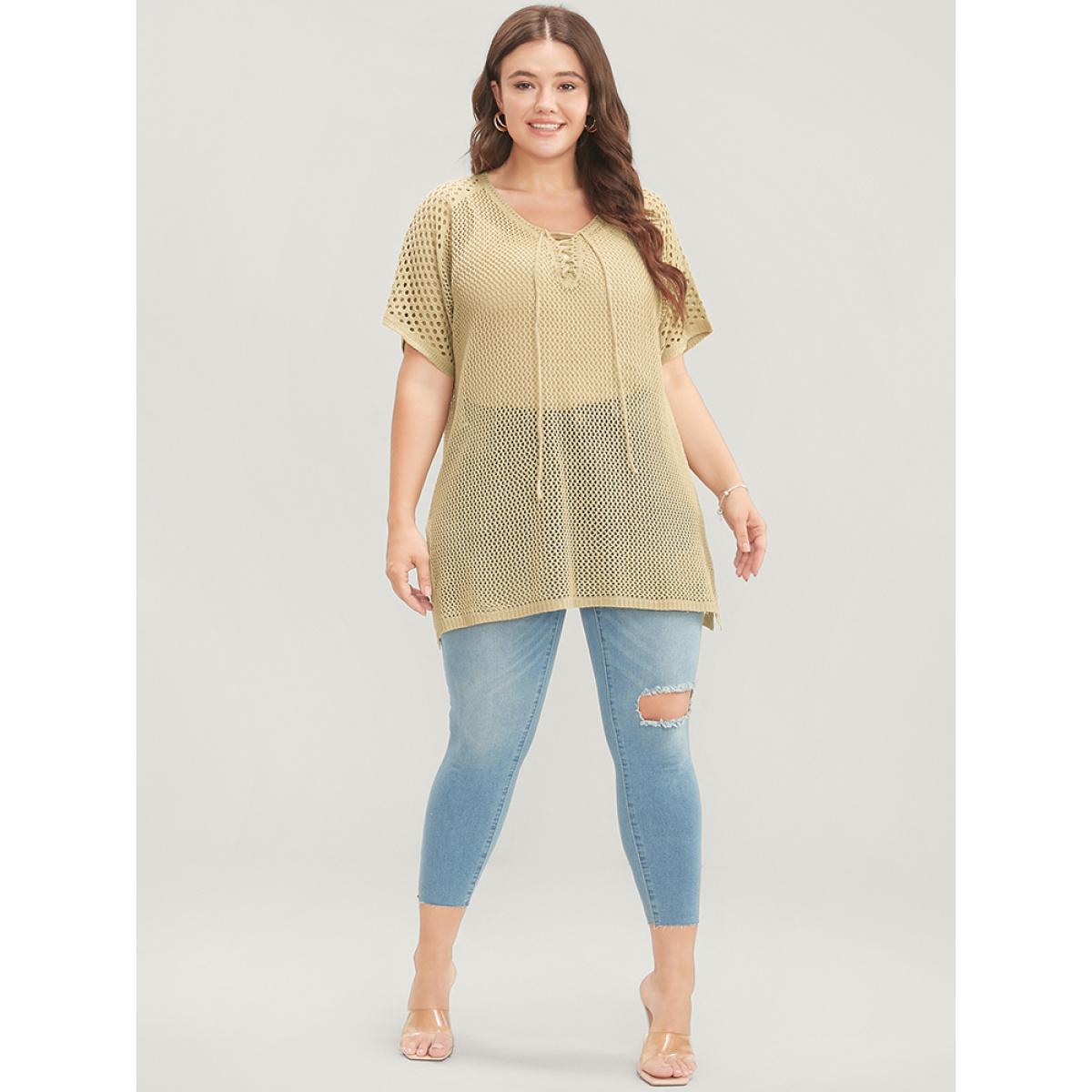 Plus Size Plain Split Cut Out Lace Up Knit Top Champagne Women Casual Loose Short sleeve Dailywear Pullovers BloomChic 10/M Product Image
